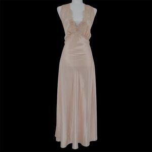 Private Luxuries Vintage Peach Satin Nightgown Lace Floral Sheer Back XL USA